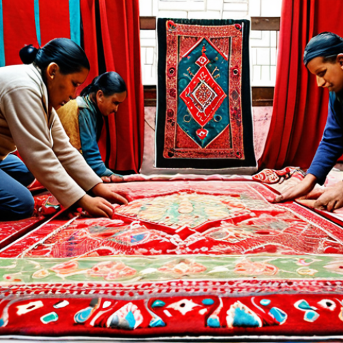 Home 4 **Image Prompt:** A bustling Nepali carpet workshop in Kathmandu, artisans meticulously hand-knotting intricate patterns using colorful, naturally dyed wool. In the background, finished carpets are displayed, showcasing both traditional geometric designs and contemporary styles. The scene should capture the artistry and craftsmanship involved in creating these globally sought-after Nepali carpets.