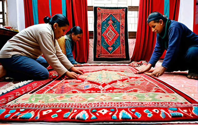 **Image Prompt:** A bustling Nepali carpet workshop in Kathmandu, artisans meticulously hand-knotting intricate patterns using colorful, naturally dyed wool. In the background, finished carpets are displayed, showcasing both traditional geometric designs and contemporary styles. The scene should capture the artistry and craftsmanship involved in creating these globally sought-after Nepali carpets.