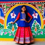 ** A cheerful Nepali girl in a traditional *choli* and *ghagra*, fully clothed, safe for work, standing in front of a vibrant, colorful *Mithila* art mural in Janakpur, appropriate content, perfect anatomy, natural proportions, family-friendly, professional photography, high quality, modest clothing.

**