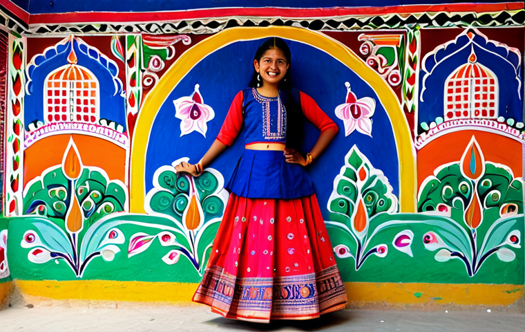 ** A cheerful Nepali girl in a traditional *choli* and *ghagra*, fully clothed, safe for work, standing in front of a vibrant, colorful *Mithila* art mural in Janakpur, appropriate content, perfect anatomy, natural proportions, family-friendly, professional photography, high quality, modest clothing.

**