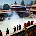 Pashupatinath Temple Scene**

"A panoramic view of Pashupatinath Temple complex in Kathmandu, Nepal, showcasing the Bagmati River and surrounding architecture. People are modestly dressed in traditional Nepali clothing, offering prayers. Capture the spiritual atmosphere with smoke from cremations rising gently. Ensure perfect anatomy of figures and proper finger count. Natural lighting, realistic style, safe for work, appropriate content, fully clothed, professional photography."

**
