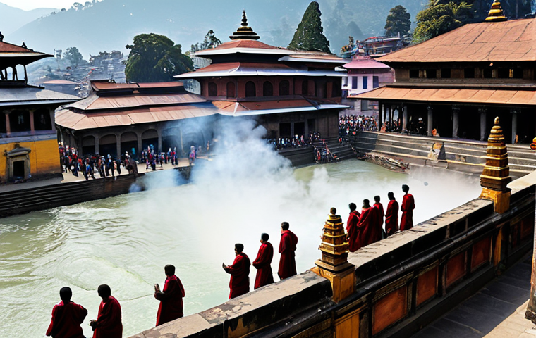 Pashupatinath Temple Scene**
"A panoramic view of Pashupatinath Temple complex in Kathmandu, Nepal, showcasing the Bagmati River and surrounding architecture. People are modestly dressed in traditional Nepali clothing, offering prayers. Capture the spiritual atmosphere with smoke from cremations rising gently. Ensure perfect anatomy of figures and proper finger count. Natural lighting, realistic style, safe for work, appropriate content, fully clothed, professional photography."
**