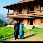 **

A charming, fully clothed Nepalese family stands in front of their traditional wooden house with intricate carvings. The house features a red tile roof and ornate windows. Lush green hills rise in the background under a bright, clear sky. Capture the scene with perfect anatomy, correct proportions, and a natural pose. The image should be safe for work, appropriate content, and family-friendly, showcasing the beauty of Nepalese heritage. High quality, professional photography.

**