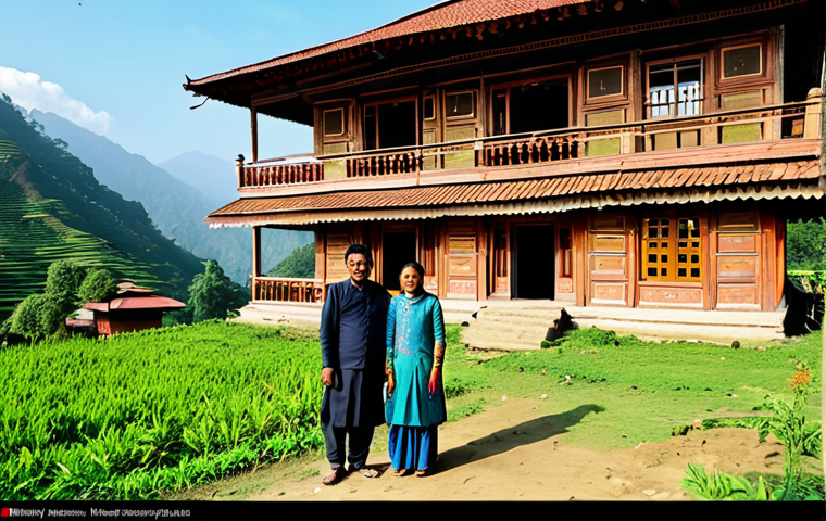 **

A charming, fully clothed Nepalese family stands in front of their traditional wooden house with intricate carvings. The house features a red tile roof and ornate windows. Lush green hills rise in the background under a bright, clear sky. Capture the scene with perfect anatomy, correct proportions, and a natural pose. The image should be safe for work, appropriate content, and family-friendly, showcasing the beauty of Nepalese heritage. High quality, professional photography.

**