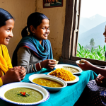 Nepali Dal Bhat Scene**

A family-friendly image of a Nepali family enjoying Dal Bhat in their modest home. Focus on the simple presentation: rice, lentil soup, vegetables (maybe spinach or potatoes), and a small amount of pickle. Fully clothed figures. Background should suggest a rural Nepali setting, perhaps with mountains visible in the distance.  Appropriate content, safe for work, natural proportions, professional, modest clothing.

**