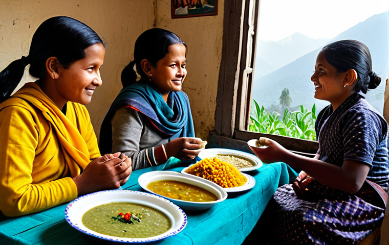Nepali Dal Bhat Scene**

A family-friendly image of a Nepali family enjoying Dal Bhat in their modest home. Focus on the simple presentation: rice, lentil soup, vegetables (maybe spinach or potatoes), and a small amount of pickle. Fully clothed figures. Background should suggest a rural Nepali setting, perhaps with mountains visible in the distance.  Appropriate content, safe for work, natural proportions, professional, modest clothing.

**