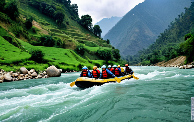 Rafting Adventure**

"A group of fully clothed adventurers rafting down the Trisuli River in Nepal. They are wearing helmets and life jackets. The river is rushing, with lush green hills in the background. Safe for work, appropriate content, perfect anatomy, correct proportions, natural pose, professional photography, high quality, modest attire."

**