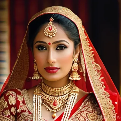 Home 16 네팔의 전통적인 결혼식 풍습 - **Regal Nepali Bride in Red Sari**
"A majestic, full-body portrait of a traditional Nepali bride...