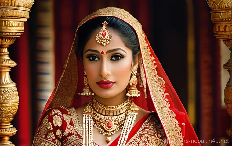 네팔의 전통적인 결혼식 풍습 - **Regal Nepali Bride in Red Sari**
"A majestic, full-body portrait of a traditional Nepali bride...