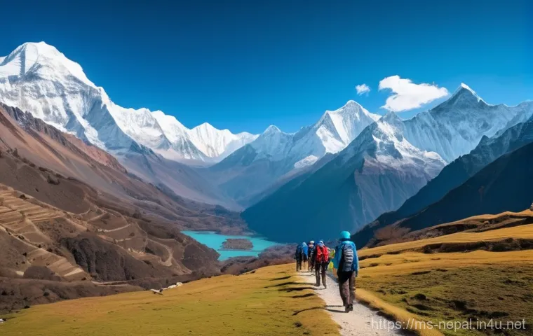 네팔의 독특한 자연 경관 - Prompt 1: Majestic Himalayan Panorama with Trekkers** 네팔의 독특한 자연 경관 - Prompt 1: Majestic Himalayan Panorama with Trekkers**